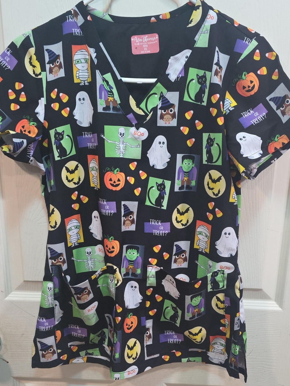 Black Halloween Kids Scrub Top with Colorful Characters